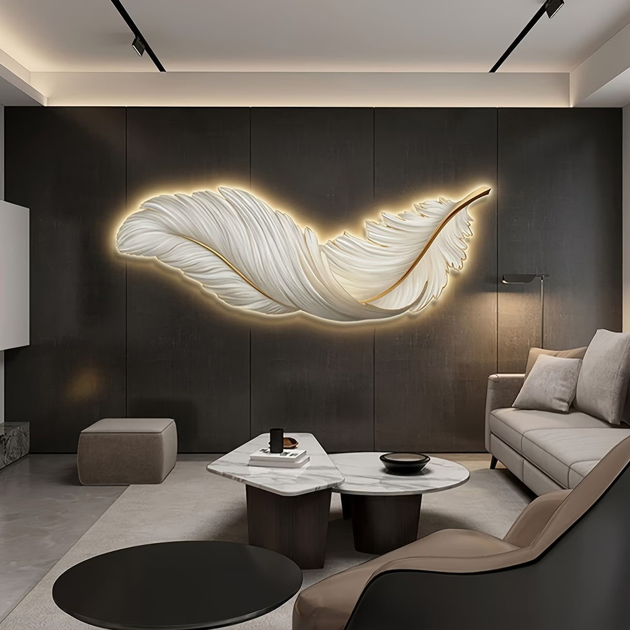 Modern Large Feather LED Wall Light - White, Remote Control, Semi-Recessed Ambient Sconce, Glass Shade, Decorative Wall-Mounted Light Fixture for Entrance Hall, Corridor, Aisle & Home