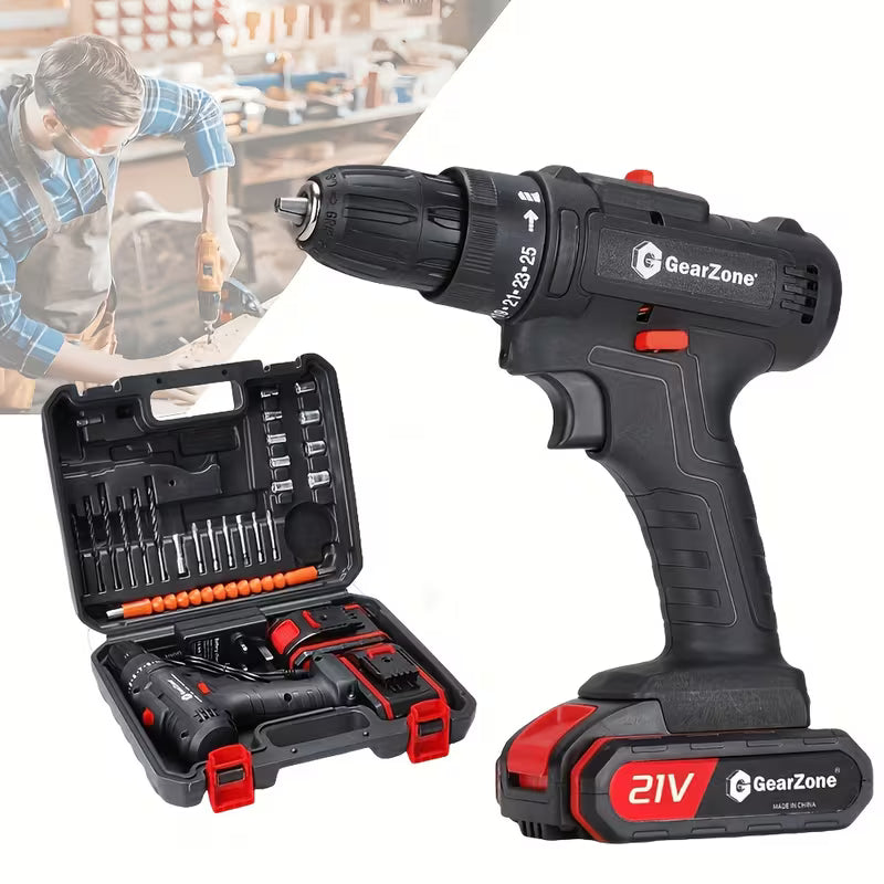 Upgrade 21V Electric Drill - Black And Red, 2pcs Batteries, Multifunctional Electric Impact Cordless Drill, Wireless Hand Drill, Home Electric Power Tool, Rechargeable Drill Driver With Accessories
