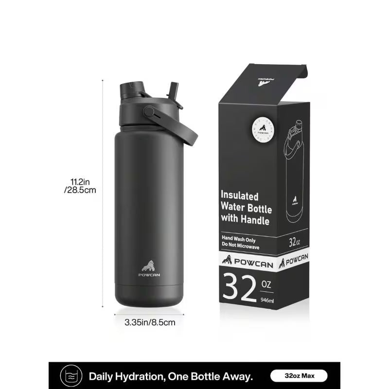 Powcan 32oz Insulated Water Bottle – Double-Wall Stainless Steel, Dual Straw Lid