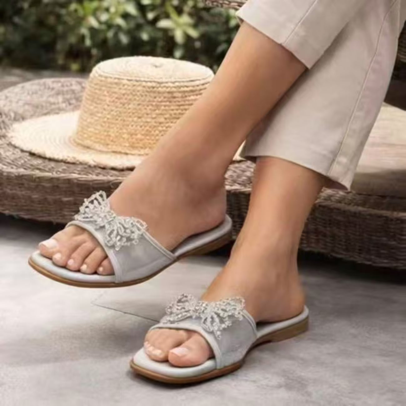 Women’s Rhinestone Butterfly Slide Sandals – Square-Toe Flat Summer Shoes