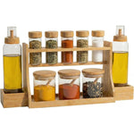 10-Piece Glass Spice Rack Set with Bamboo Organizer – Spice Jars, Spoons & Oil Bottles