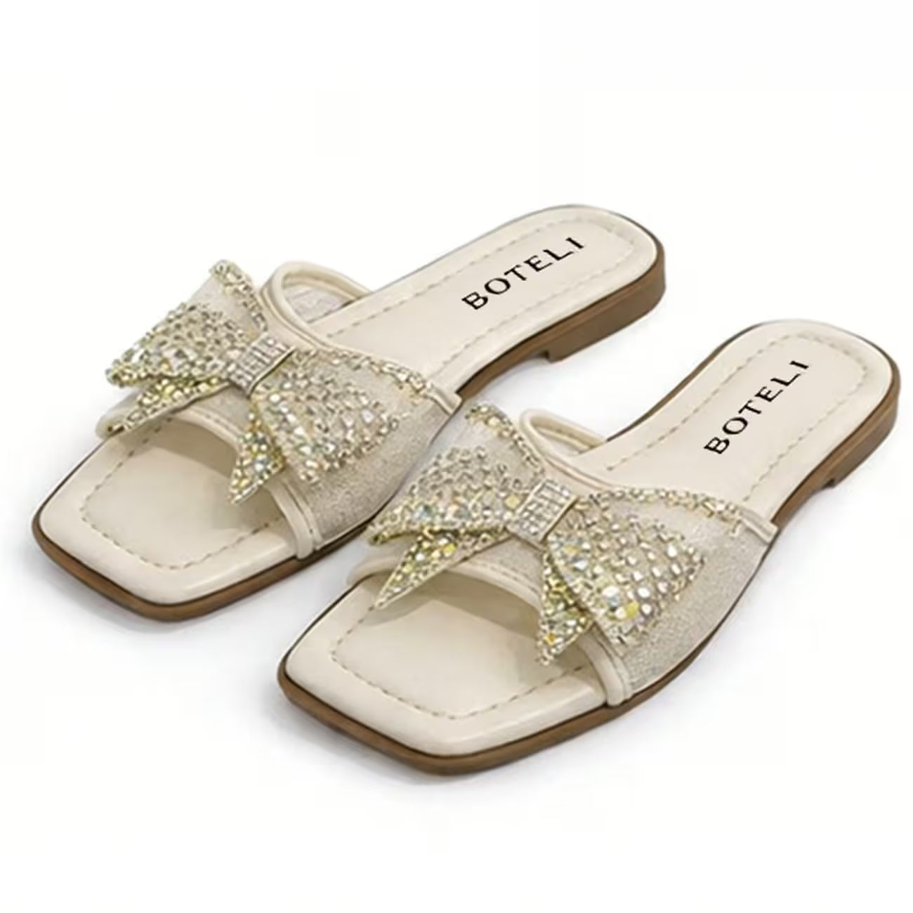 Women’s Rhinestone Bow Square-Toe Slide Sandals – Cushioned Flat Summer Shoes