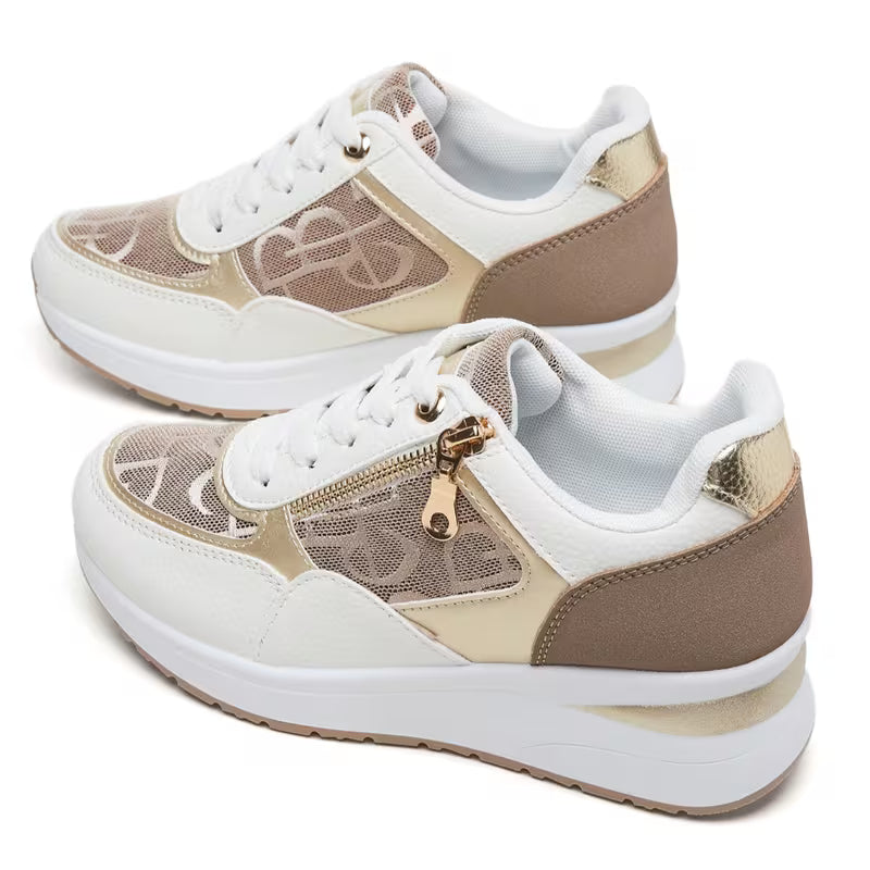 Women's Vintage Wedge Platform Sneakers – Letter Print, Metal Side Zipper, Breathable Mesh