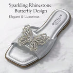 Women’s Rhinestone Butterfly Slide Sandals – Square-Toe Flat Summer Shoes