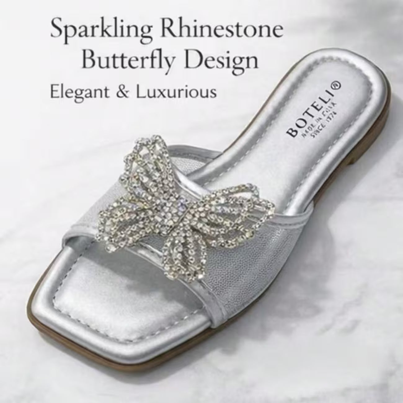 Women’s Rhinestone Butterfly Slide Sandals – Square-Toe Flat Summer Shoes