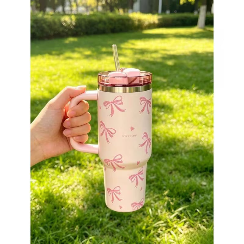 40oz Stainless Steel Tumbler – Pink Floral Design, Straw, Double-Wall Insulated Cup