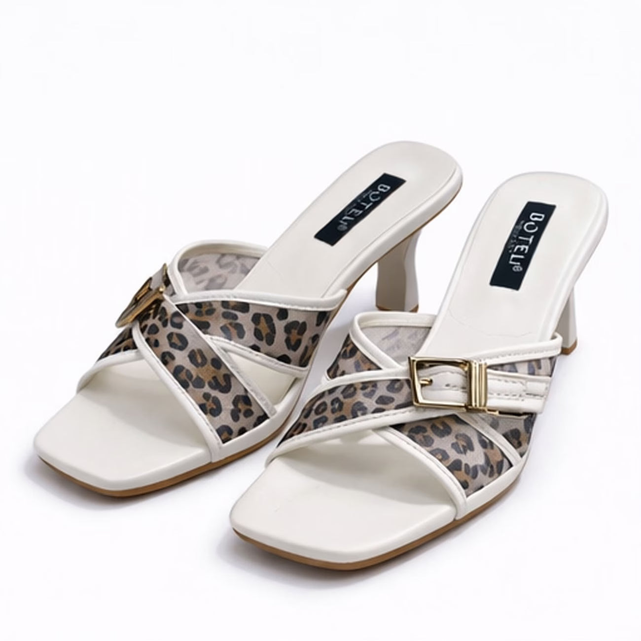 Women's Leopard Print Mule Sandals – Crisscross Straps, Square Toe, High Heel