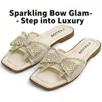 Women’s Rhinestone Bow Square-Toe Slide Sandals – Cushioned Flat Summer Shoes
