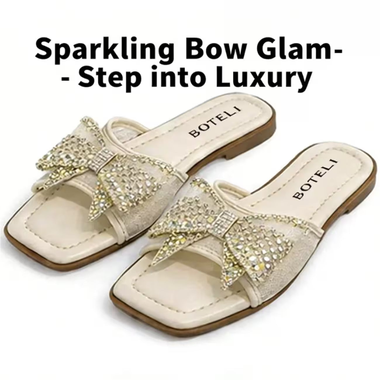 Women’s Rhinestone Bow Square-Toe Slide Sandals – Cushioned Flat Summer Shoes