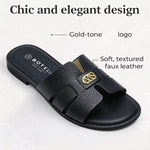 Women’s Cross-Strap Flat Slide Sandals – Open-Toe Shoes with Golden Buckle