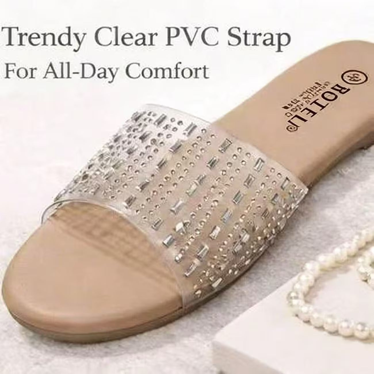 Women’s Clear Rhinestone Slide Sandals – Open-Toe Flat Shoes with Transparent Straps