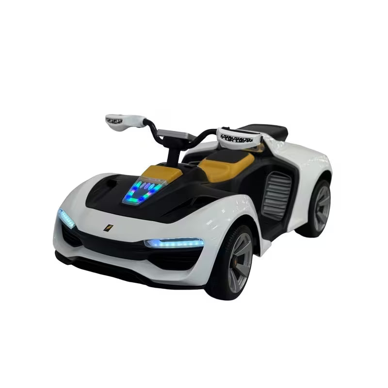 VLRA Kids Electric Ride-On Sports Car - White & Black, LED Lights, Modern Luxury Supercar Style, Battery Powered Vehicle with Leather Seat for Ages 3-6, Children’s Ride-On Car