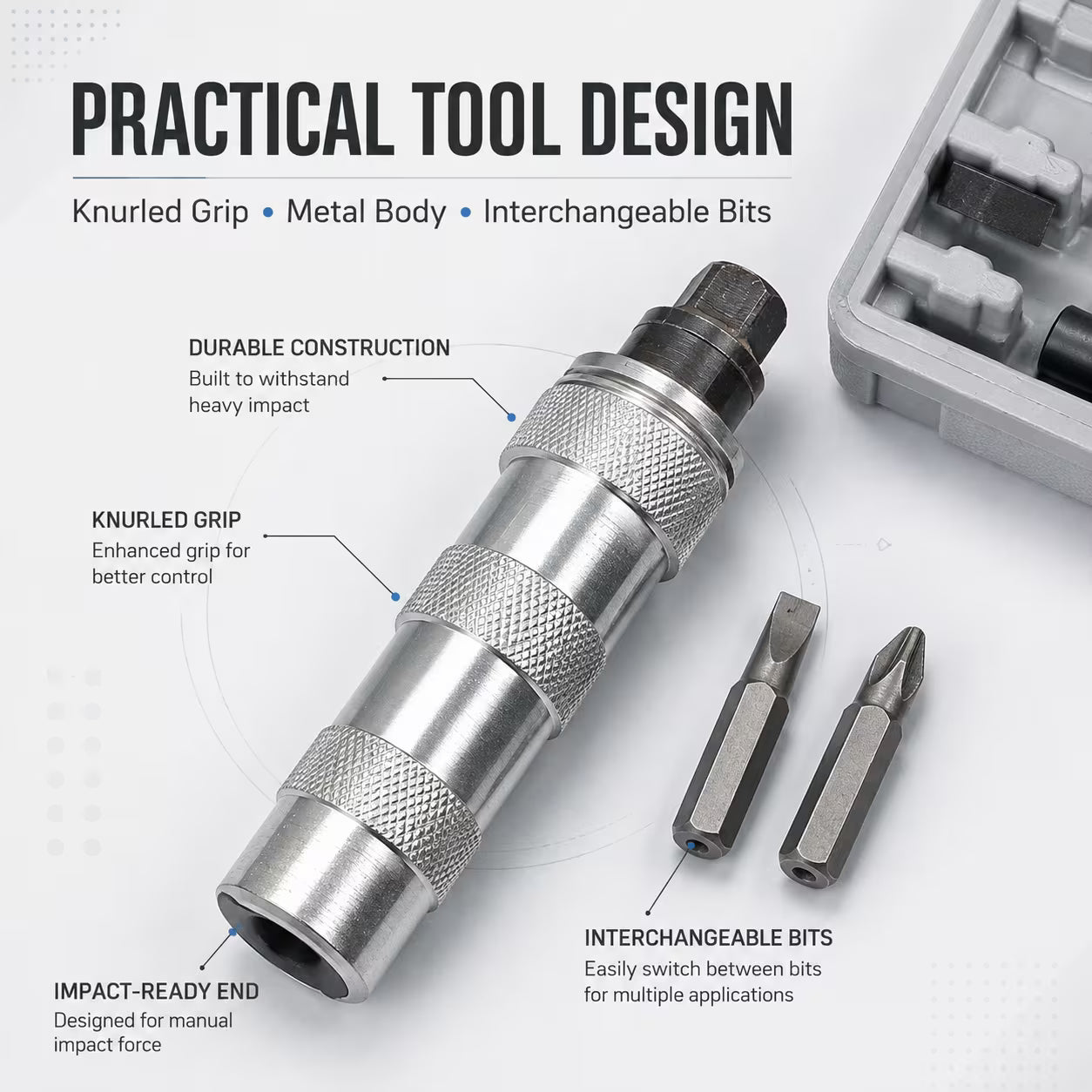 6-Piece Manual Impact Driver Bit Set – Black & Silver, 1/2-Inch Reversible Impact Screwdriver with Storage Case