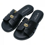Women’s Cross-Strap Flat Slide Sandals – Open-Toe Shoes with Golden Buckle