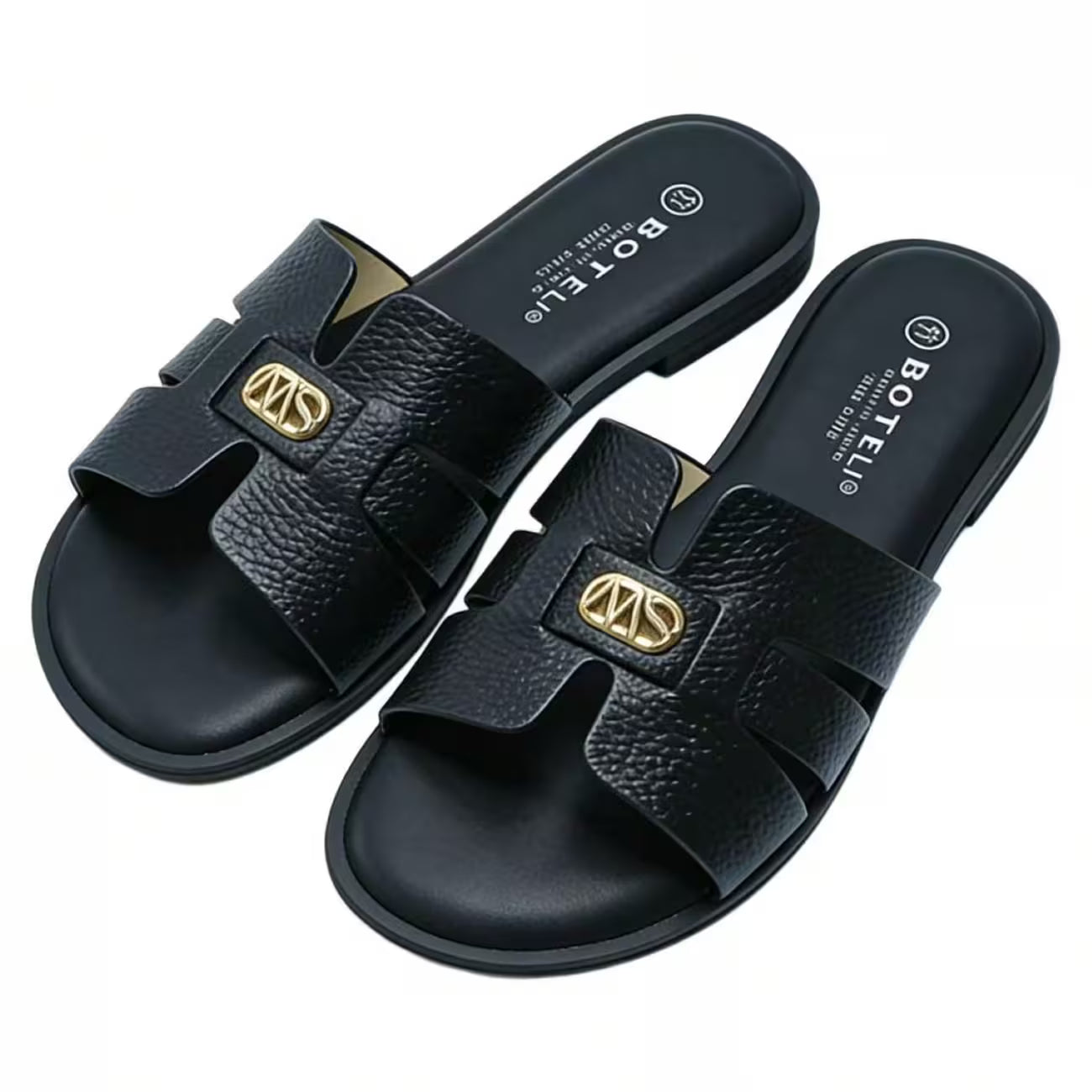 Women’s Cross-Strap Flat Slide Sandals – Open-Toe Shoes with Golden Buckle