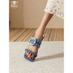 Women’s Denim Rhinestone Sandals – Tassel Low-Heel Summer Shoes