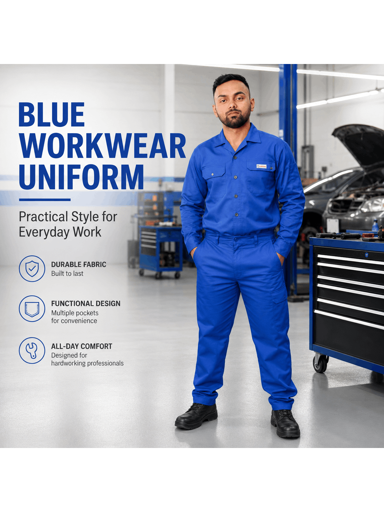 Men’s Blue Heavy-Duty Work Coverall (Size XL) – Long-Sleeve Utility Boiler Suit & Mechanic Jumpsuit