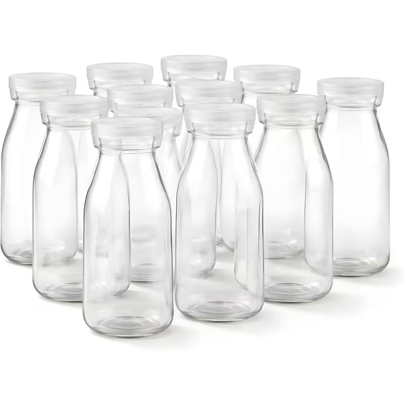 LUXORAQ 200ml Clear Juice Bottles – 12-Pack Reusable Plastic Bottles with Leak-Proof Lids