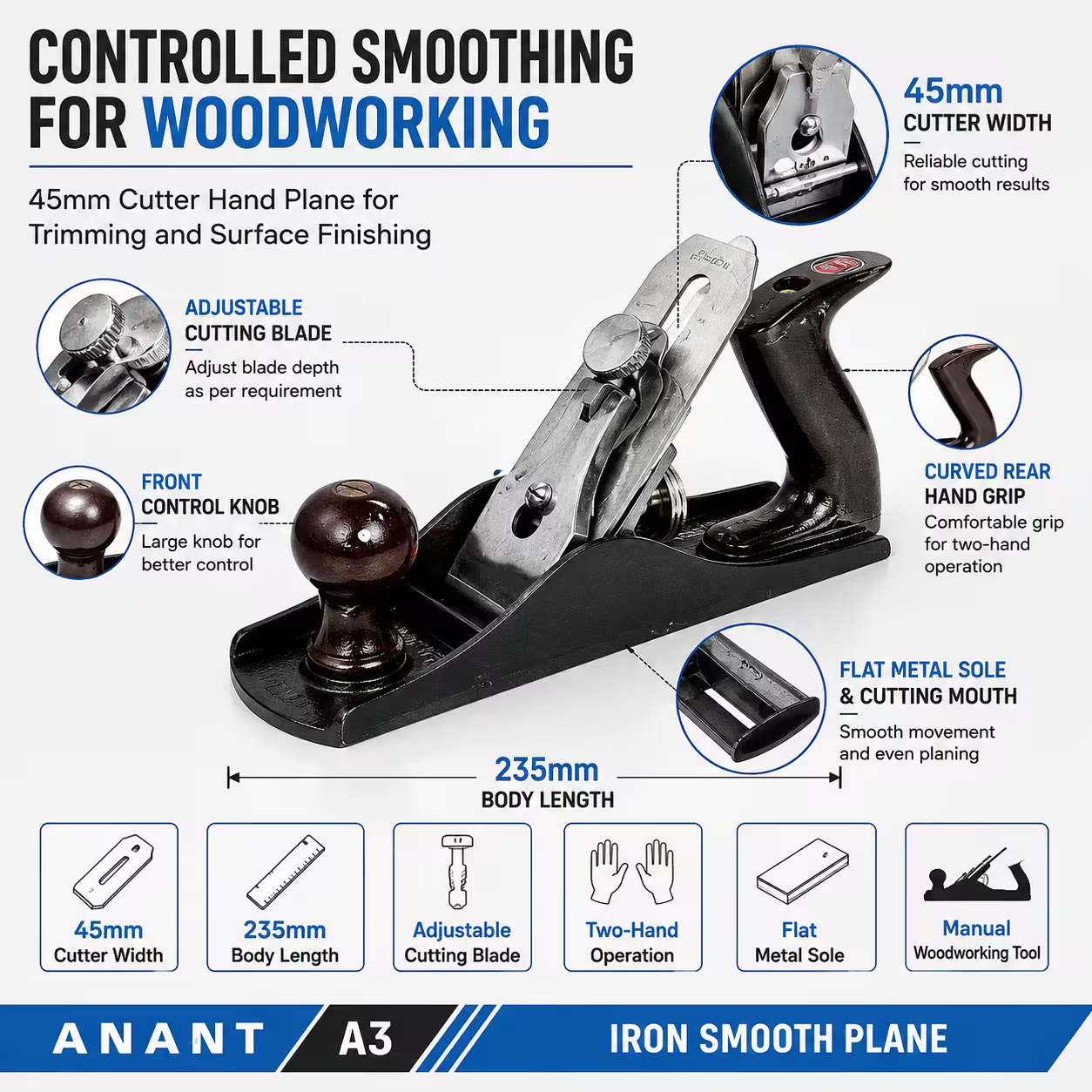 A3 Iron Hand Plane – Black, 45mm Adjustable Cutter, 235mm Manual Wood Planer for Woodworking, Timber Trimming, Surface Levelling & Furniture Finishing
