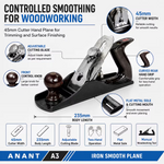 A3 Iron Hand Plane – Black, 45mm Adjustable Cutter, 235mm Manual Wood Planer for Woodworking, Timber Trimming, Surface Levelling & Furniture Finishing