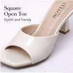 Women's Patent Mule Slides – Open Toe, Block Heel, Golden Trim Detail