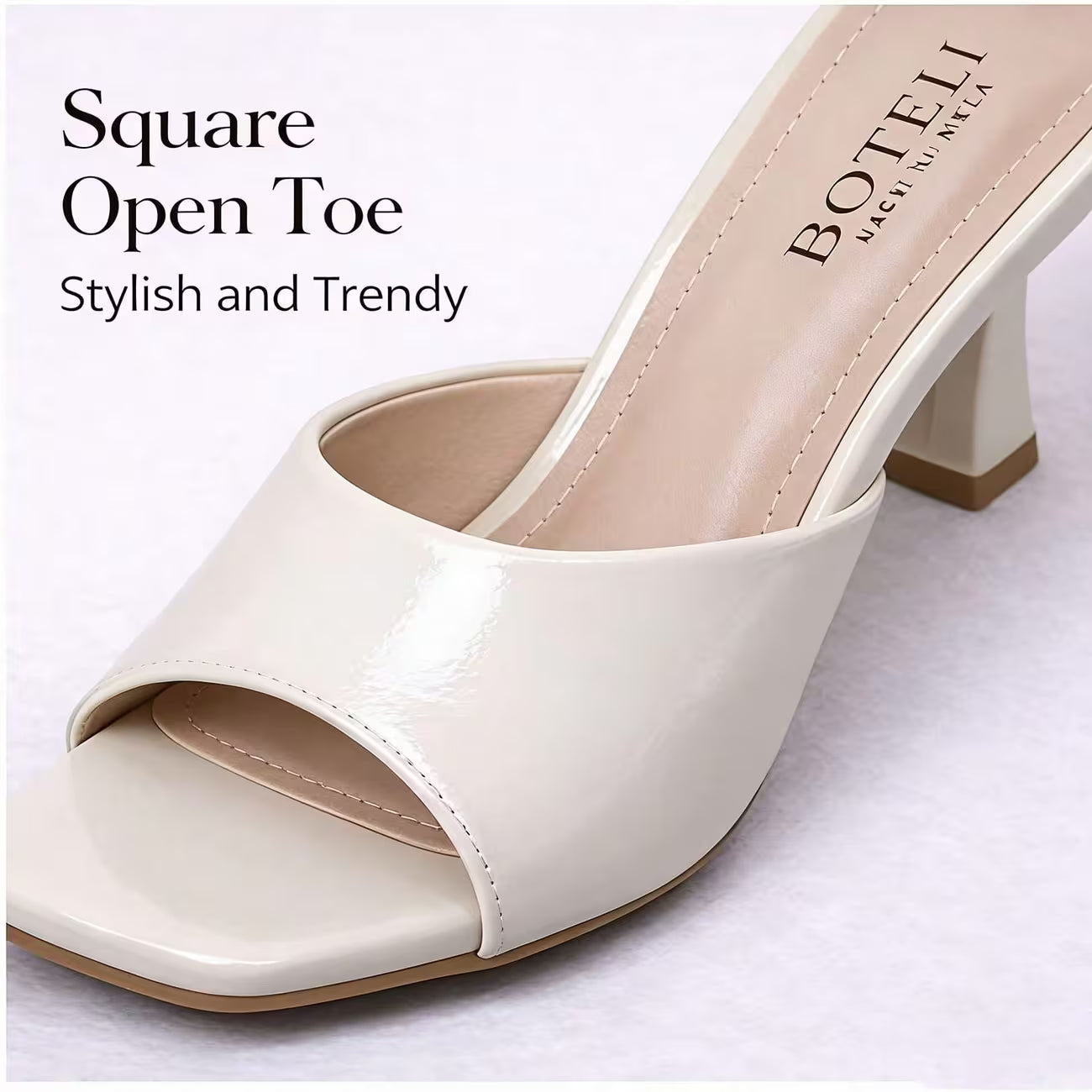 Women's Patent Mule Slides – Open Toe, Block Heel, Golden Trim Detail
