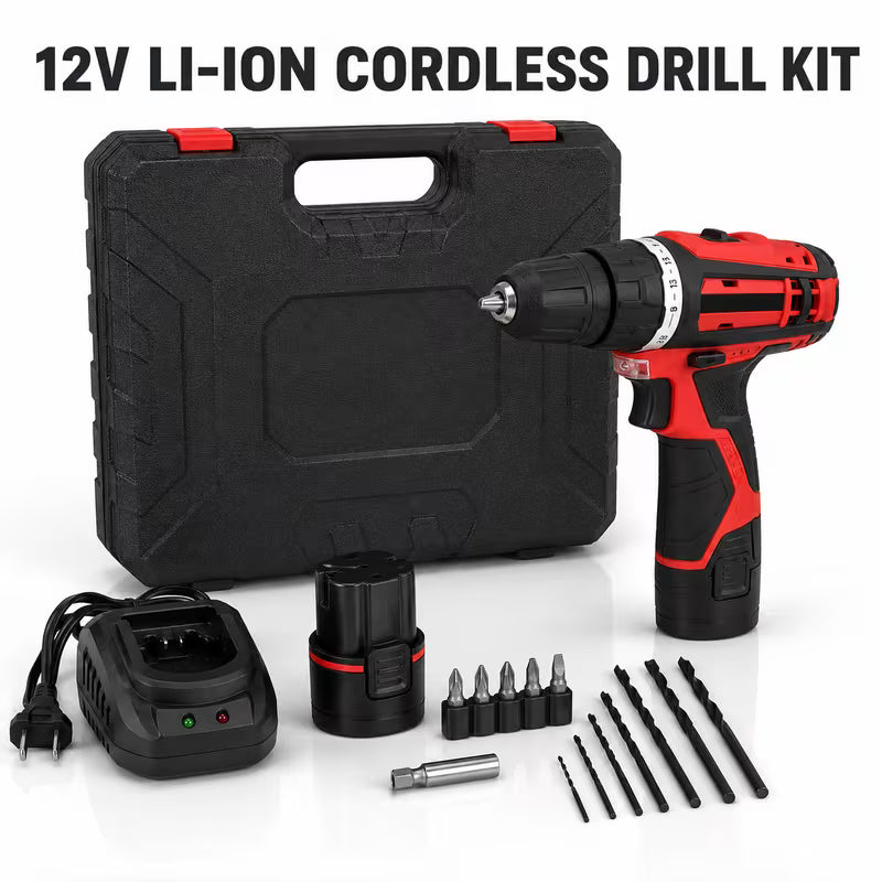 Cordless Drill Driver Kit - Black, 2 Rechargeable Batteries, 10mm Keyless Chuck, Adjustable Torque, Dual Speed, LED Work Light, Battery Indicator, Drill & Screwdriver Bits, Charger And Carry Case