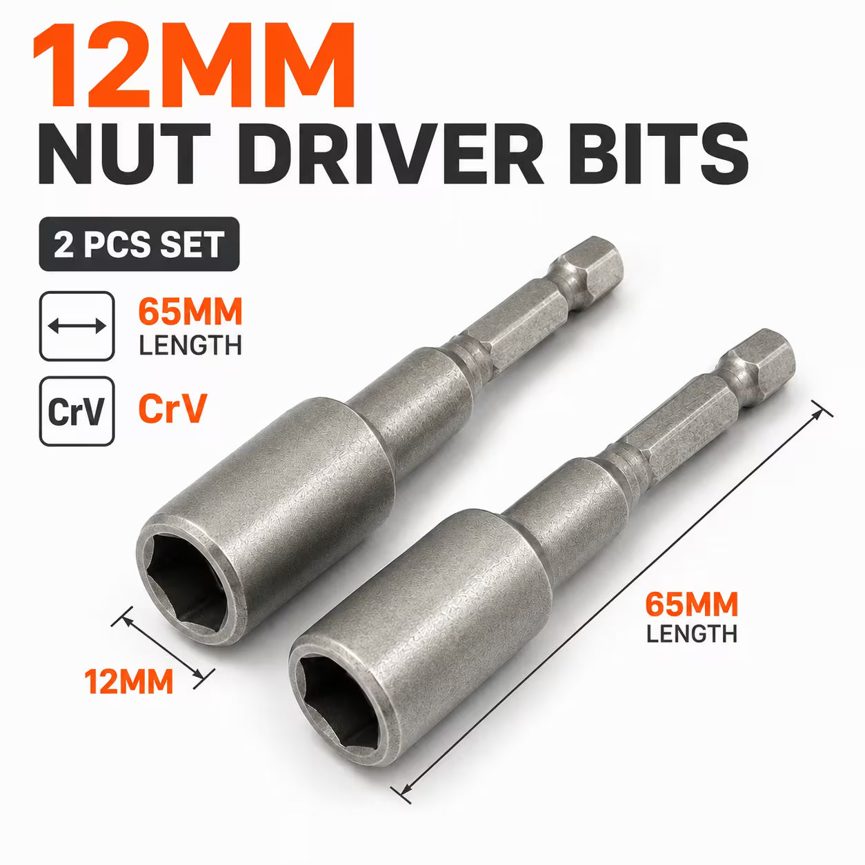 2pcs 12mm Magnetic Nut Driver Bits – Black, 65mm Long CR-V Steel Hex Socket Set for Drill, Screwdriver, DIY Repair & Workshop Use