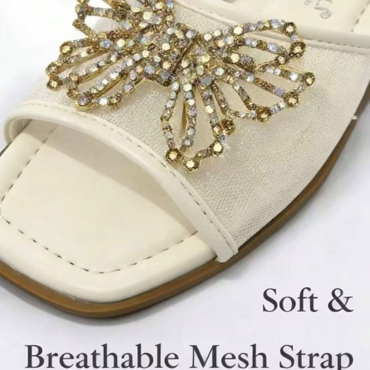 Women’s Rhinestone Butterfly Slide Sandals – Square-Toe Flat Summer Shoes