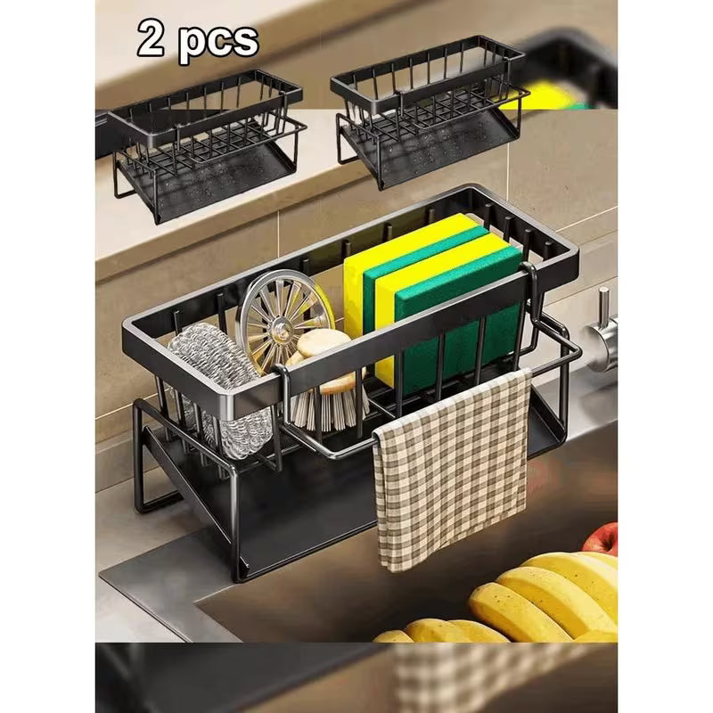 2-Piece Kitchen Sink Sponge Holder – Metal Sink Organizer with Dishcloth Rack