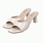 Women's Patent Mule Slides – Open Toe, Block Heel, Golden Trim Detail