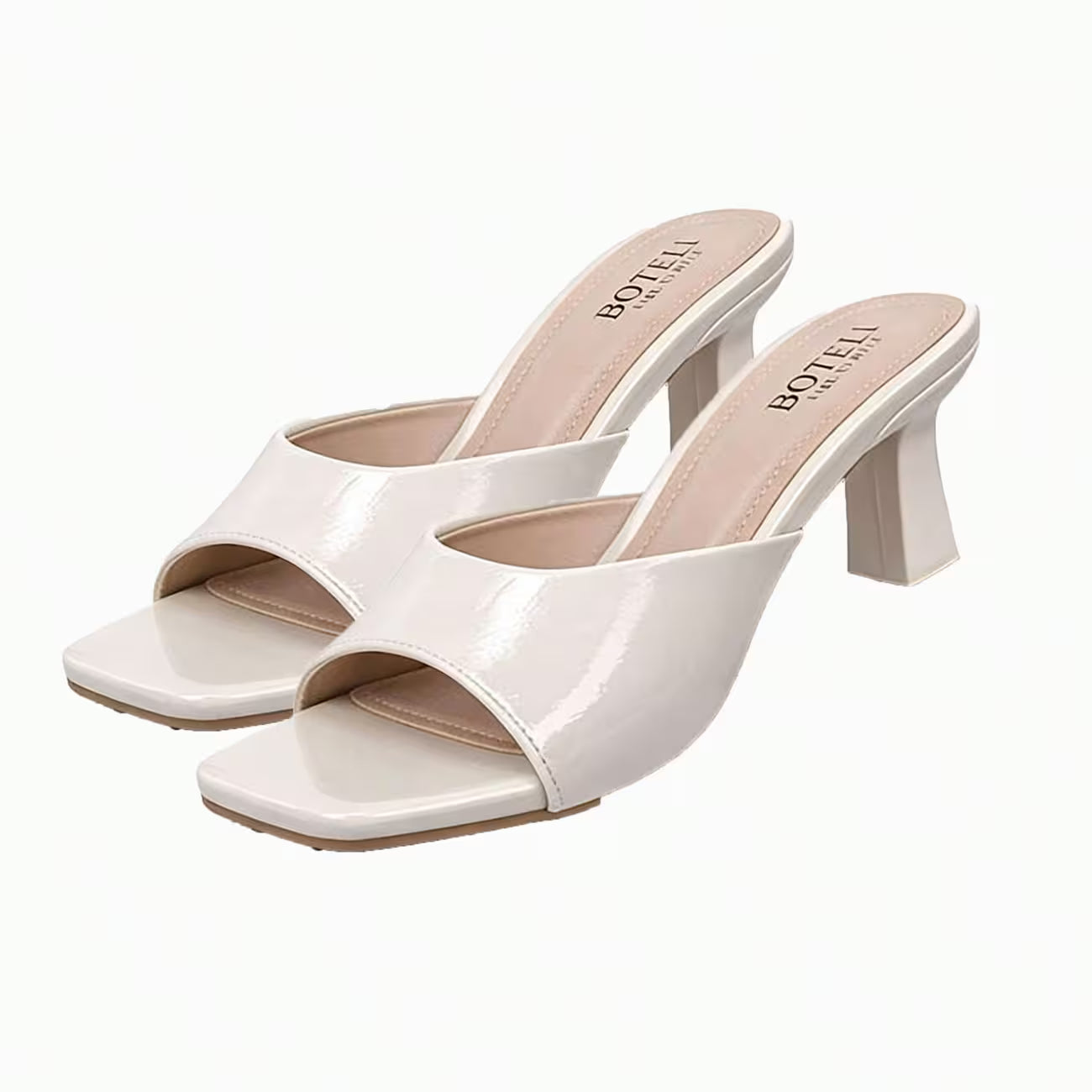 Women's Patent Mule Slides – Open Toe, Block Heel, Golden Trim Detail