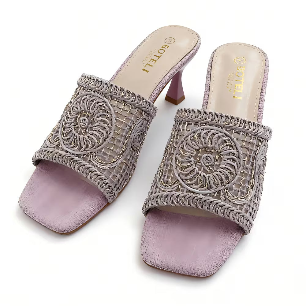 Women's Square-Toe Mule Sandals – Embroidered Mesh, Spool Heel, Golden Thread Detail