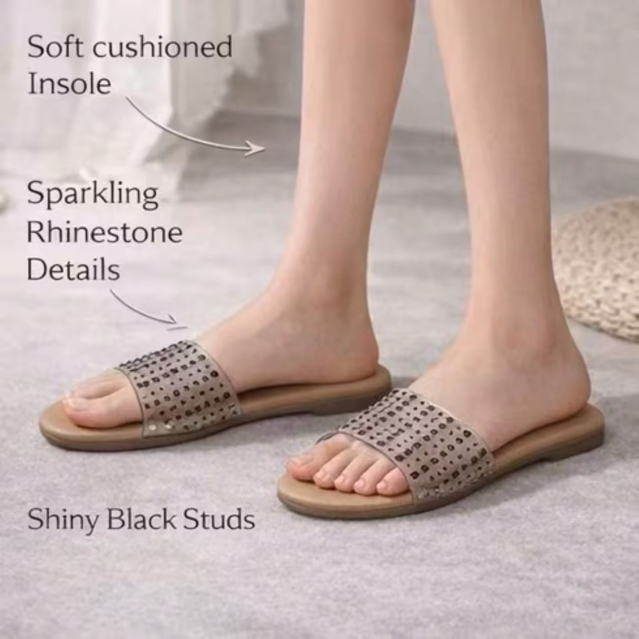 Women’s Clear Rhinestone Slide Sandals – Open-Toe Flat Shoes with Transparent Straps
