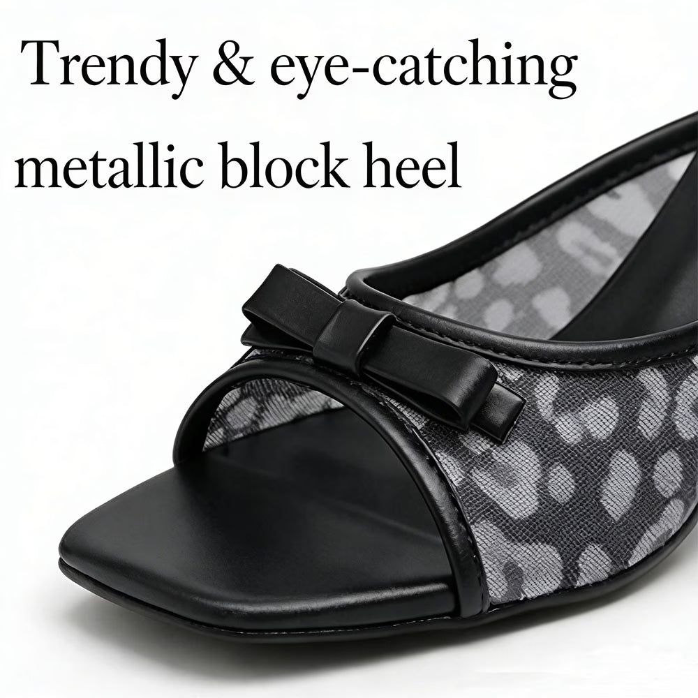 Women's Leopard Print Bow Mules – Square Toe, Metallic Heel, Slip-On Sandals