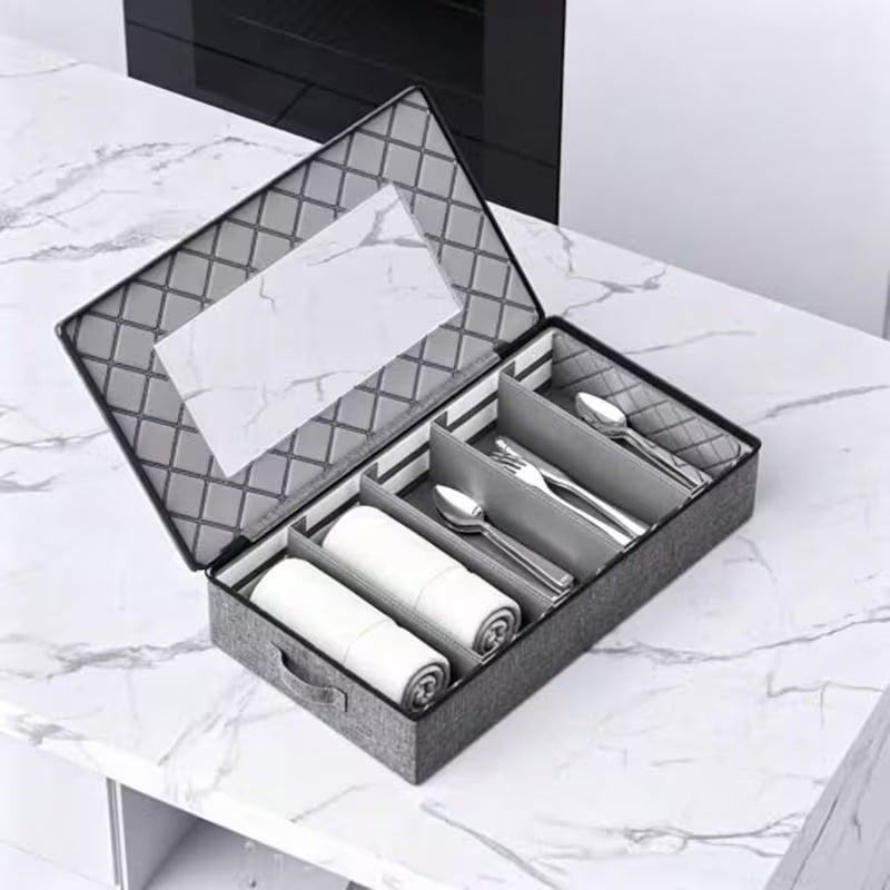 Large-Capacity Dinnerware Organizer – 5 Compartments with Dust-Proof Lid, Gray Linen Design