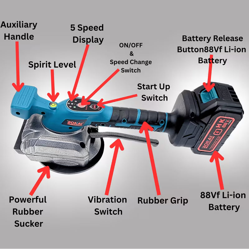 BONAI BN-CD0013 Cordless 88VF Tile Vibrator & Laying Machine (blue,black) – 80kg Suction, FM Gear Display & 4.0Ah Battery