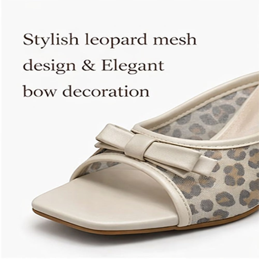 Women's Leopard Print Bow Mules – Square Toe, Metallic Heel, Slip-On Sandals