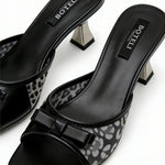 Women's Leopard Print Bow Mules – Square Toe, Metallic Heel, Slip-On Sandals