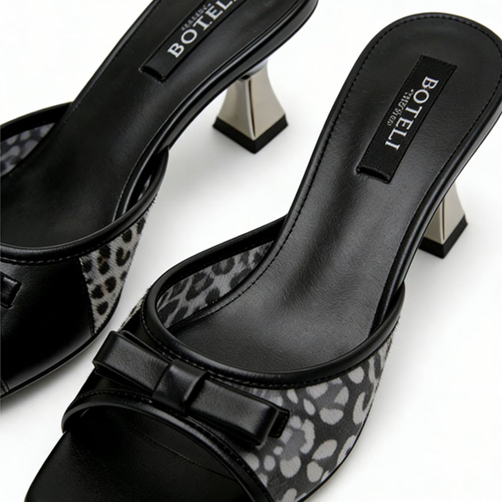 Women's Leopard Print Bow Mules – Square Toe, Metallic Heel, Slip-On Sandals