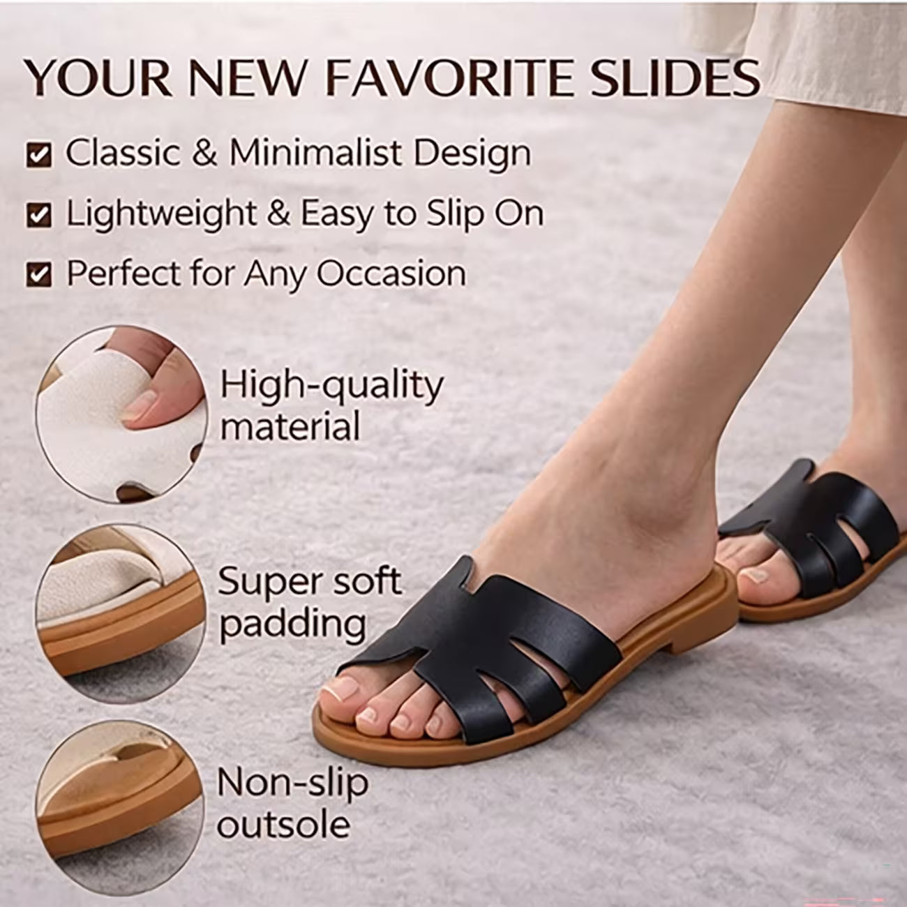 Women’s Low-Heel Slide Sandals – Cut-Out H-Strap Open-Toe Casual Shoes