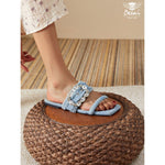 Women’s Denim Rhinestone Sandals – Tassel Low-Heel Summer Shoes