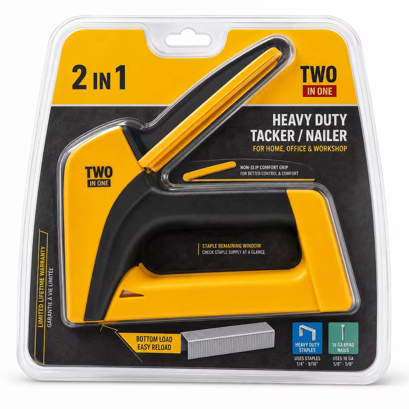 Heavy Duty 2-in-1 Manual Staple Gun & Brad Nailer (Yellow) – Bottom Load Hand Tacker for Wood, Upholstery & DIY Repair