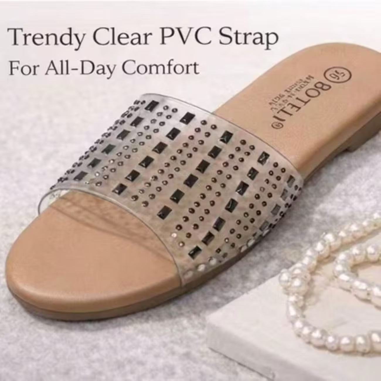 Women’s Clear Rhinestone Slide Sandals – Open-Toe Flat Shoes with Transparent Straps