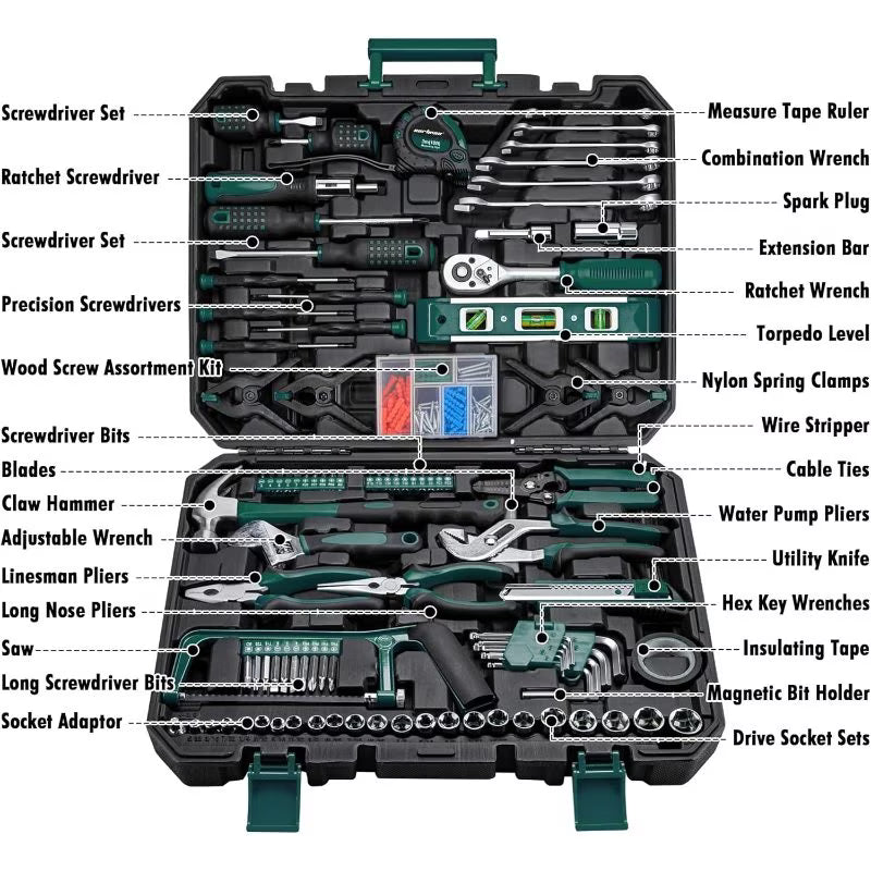 238pcs Home & Auto Tool Kit – Green, Complete Hand Tool Set with Storage Box, Wrenches, Sockets & Accessories for Garage, Home Repair & DIY Projects