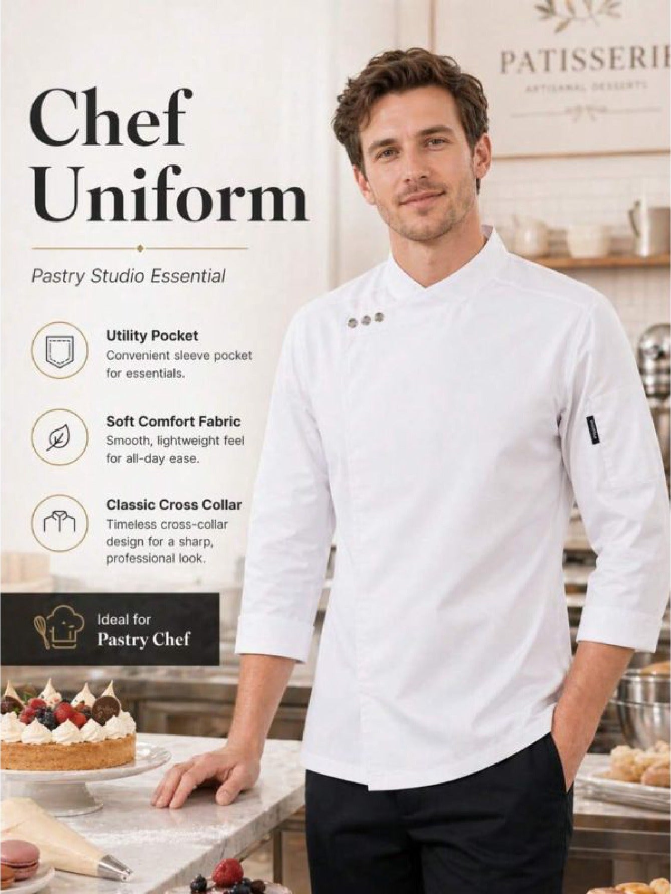 High-End Long-Sleeve Chef Uniform in Mixed Colors (Size: AE XXS) – Machine Washable Mandarin Collar Culinary Jacket