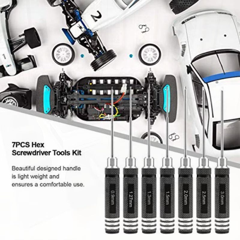7pcs Hex Screwdriver Set - Black, 0.9mm, 1.27mm, 1.3mm, 1.5mm, 2.0mm, 2.5mm & 3.0mm Precision Hex Tools, Aluminum Alloy Handle, RC Model Repair Kit for Cars, Boats, Helicopters & Drones