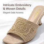Women's Square-Toe Mule Sandals – Embroidered Mesh, Spool Heel, Golden Thread Detail