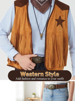 Men’s 5-Piece Western Cowboy Costume Set (XXL) – Fringe Vest, Hat, Buckle Belt & Necktie Necklace for Halloween Cosplay