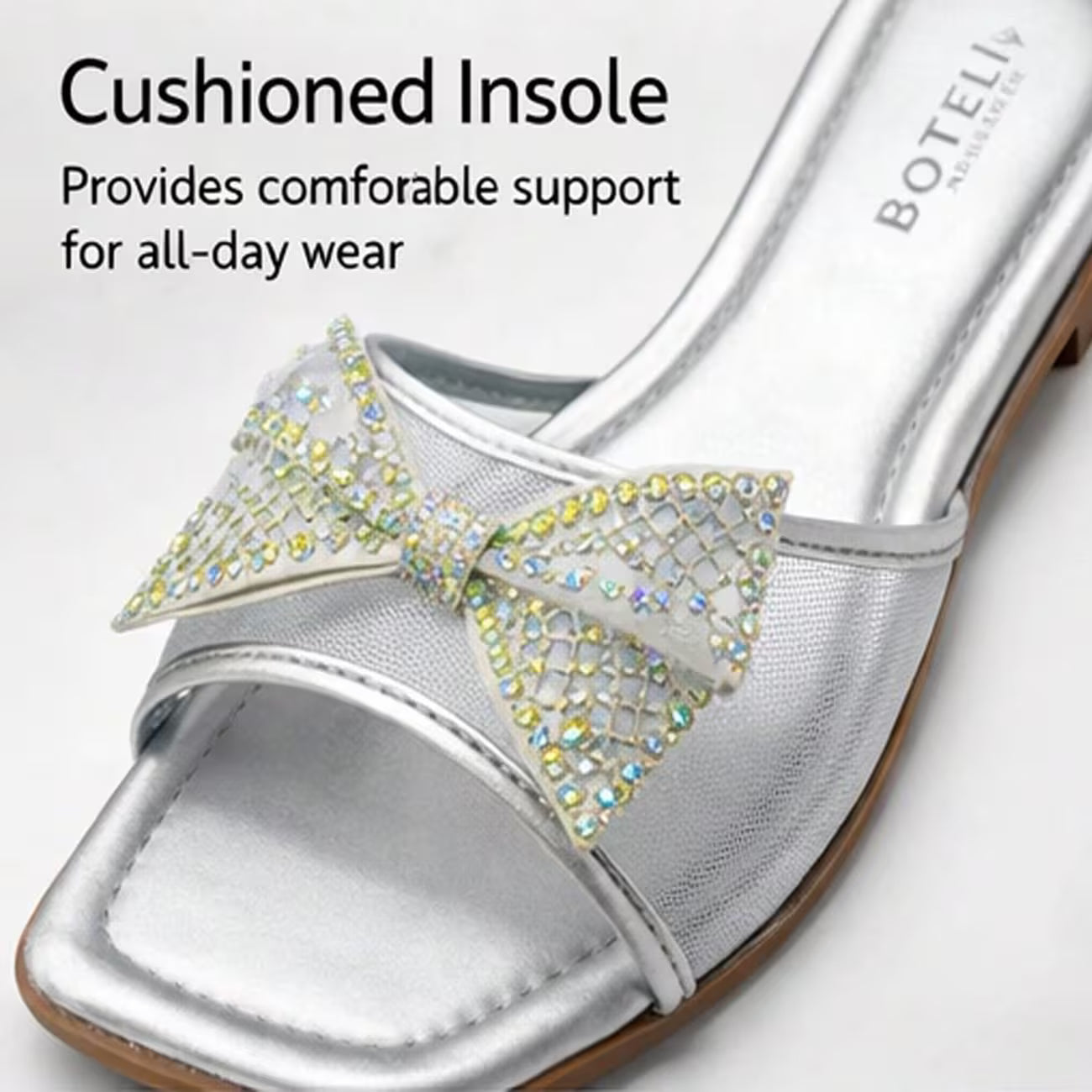 Women’s Rhinestone Bow Square-Toe Slide Sandals – Cushioned Flat Summer Shoes